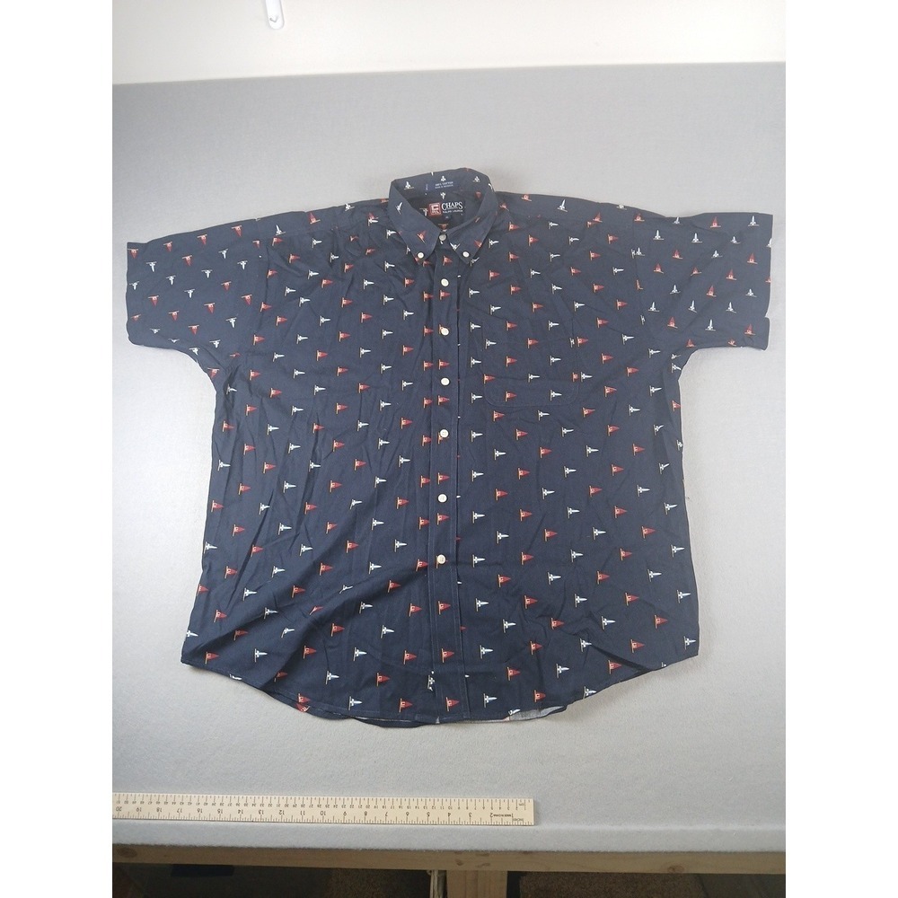 Vintage Chaps Ralph Lauren Flag Print Dark Blue Short Sleeve Button Up Shirt XL